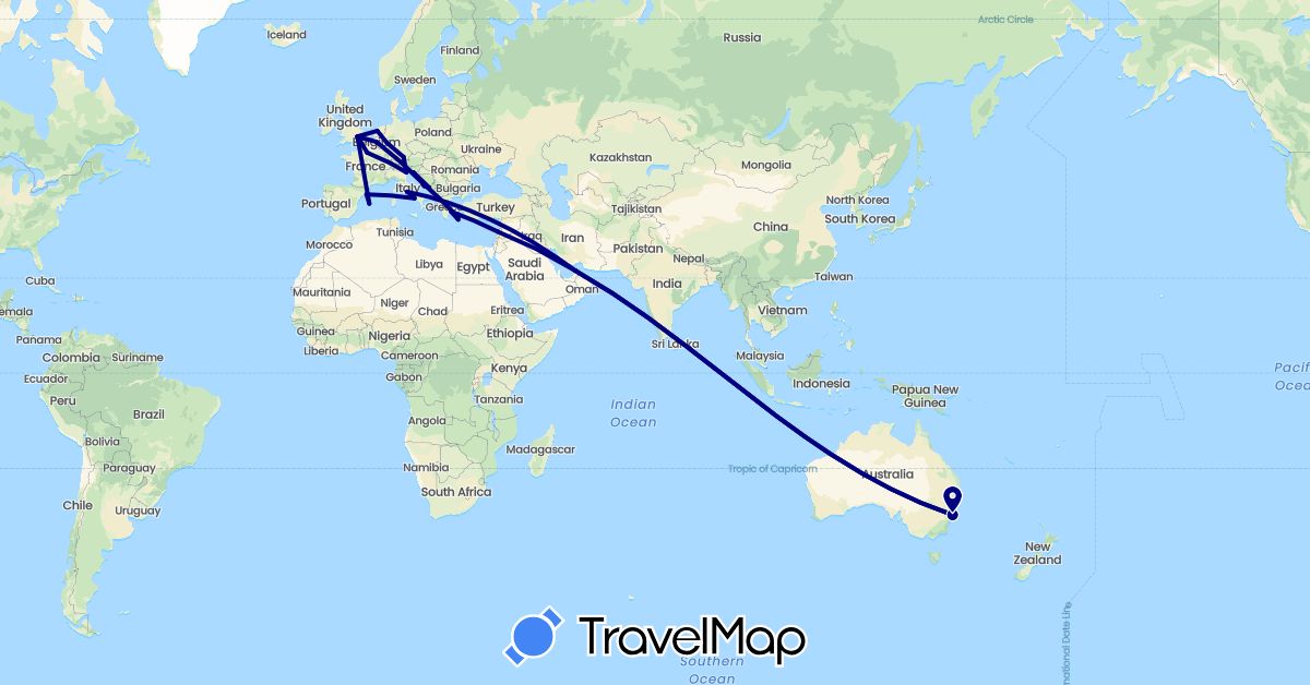 TravelMap itinerary: driving in United Arab Emirates, Australia, Belgium, Switzerland, Germany, Spain, France, United Kingdom, Greece, Croatia, Italy, Lebanon, Netherlands (Asia, Europe, Oceania)
